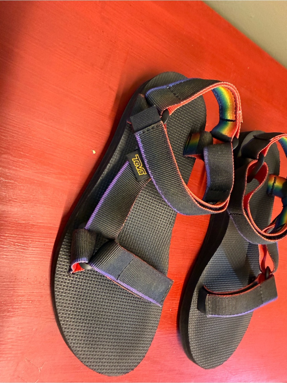 Teva Women’s Black Sandals with Rainbow Heel Strap - Picture 3 of 5